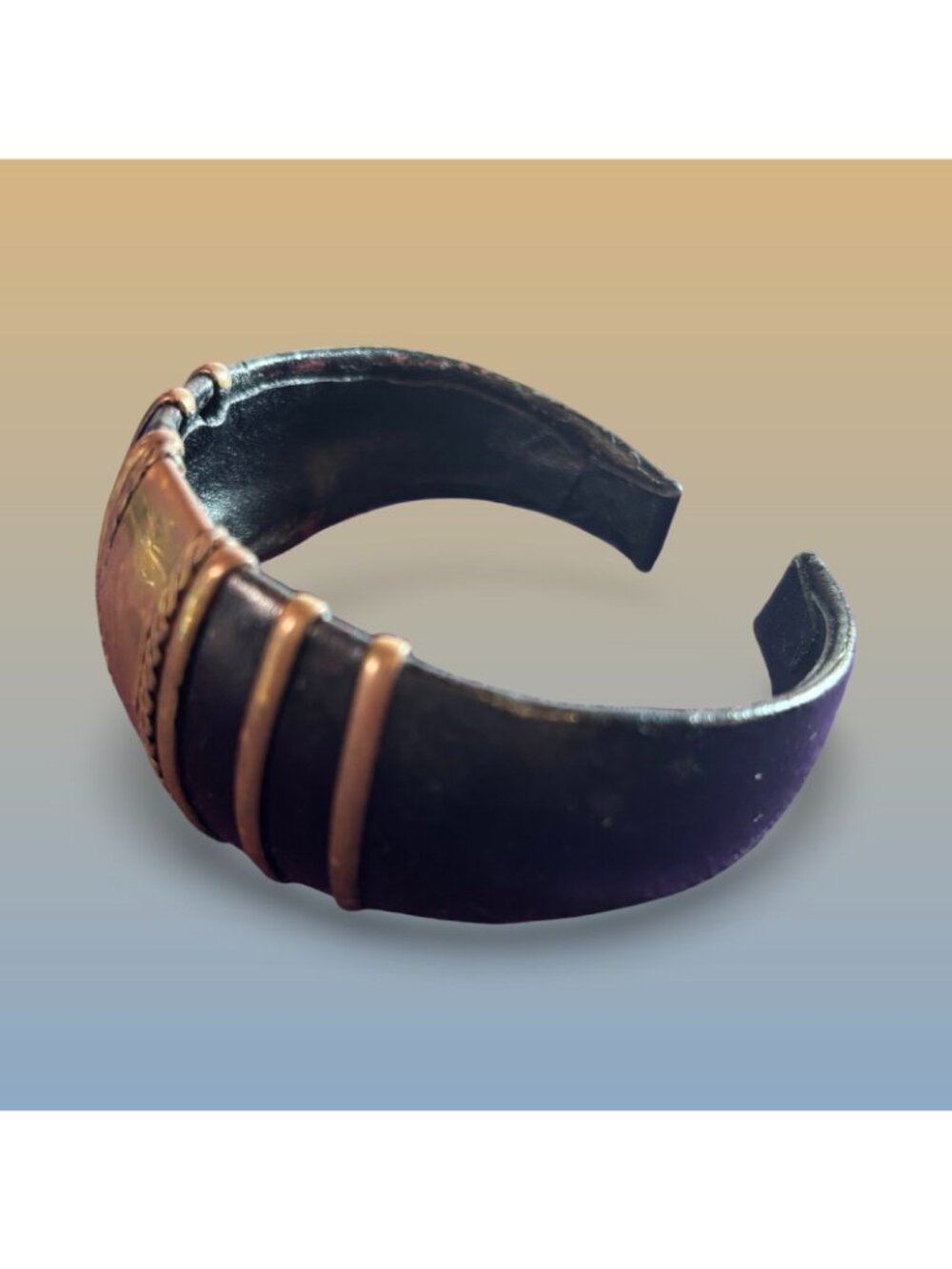 Brass Leather Wide Cuff Bracelet Tribal Inspired Adjustable Open Band Vintage - Picture 2 of 8